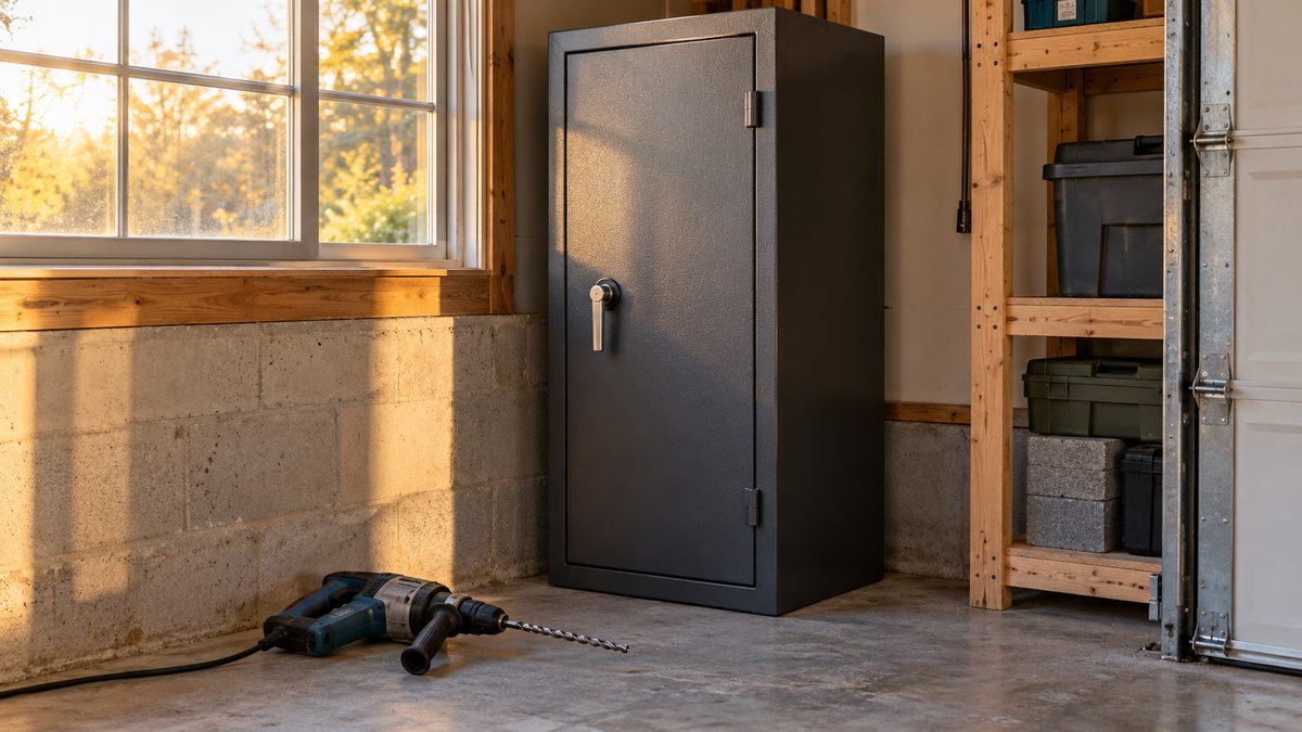 Tall steel safe standing in a garage corner on bare concrete with a hammer drill and masonry bit on the floor beside it