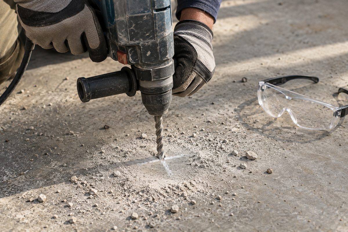 Gloved hands holding a hammer drill with a masonry bit over a chalk mark on a concrete garage floor, safety glasses nearby