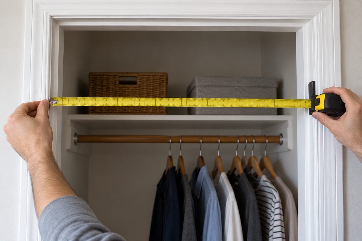 Hands stretching a tape measure across a closet doorway frame in a bright bedroom to check width before a safe delivery