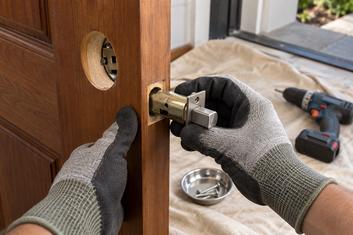 Gloved hands holding a deadbolt latch into the bored edge of a wood door, with a drill and parts dish on a drop cloth