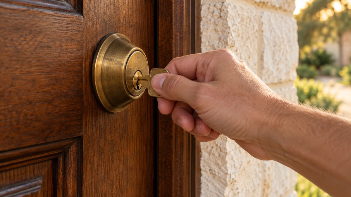 Hand inserting a brass key into a deadbolt on a wood front door beside a limestone wall in warm evening light