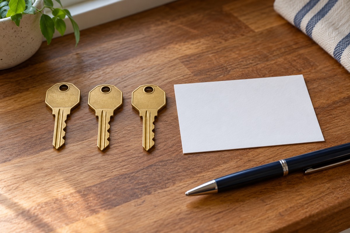 Three matching brass keys on a wood kitchen counter beside a blank paper card and a pen in soft window light