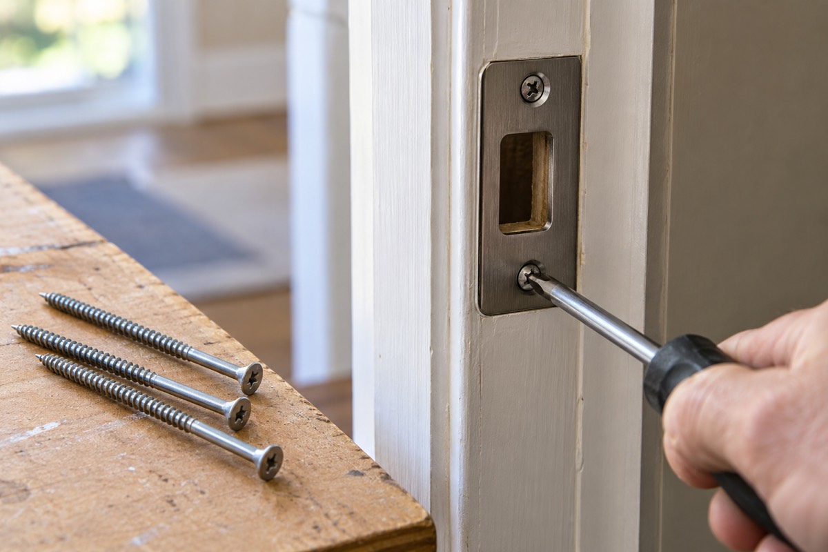 Steel strike plate on a white door jamb being screwed in, with three long screws laid on a wood surface beside it