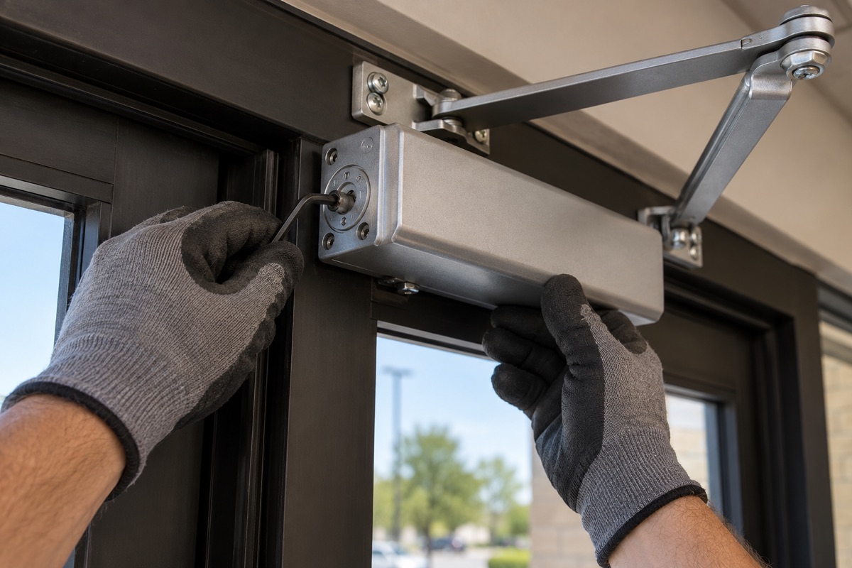 Gray-gloved hands turning a hex key in the valve end of a surface door closer with a two-piece arm on a dark bronze frame