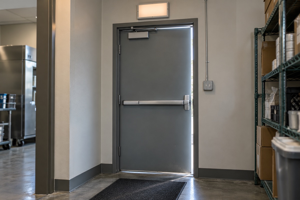 Gray steel rear exit door slightly ajar with daylight at the edge, a horizontal push bar, a closer above and shelving