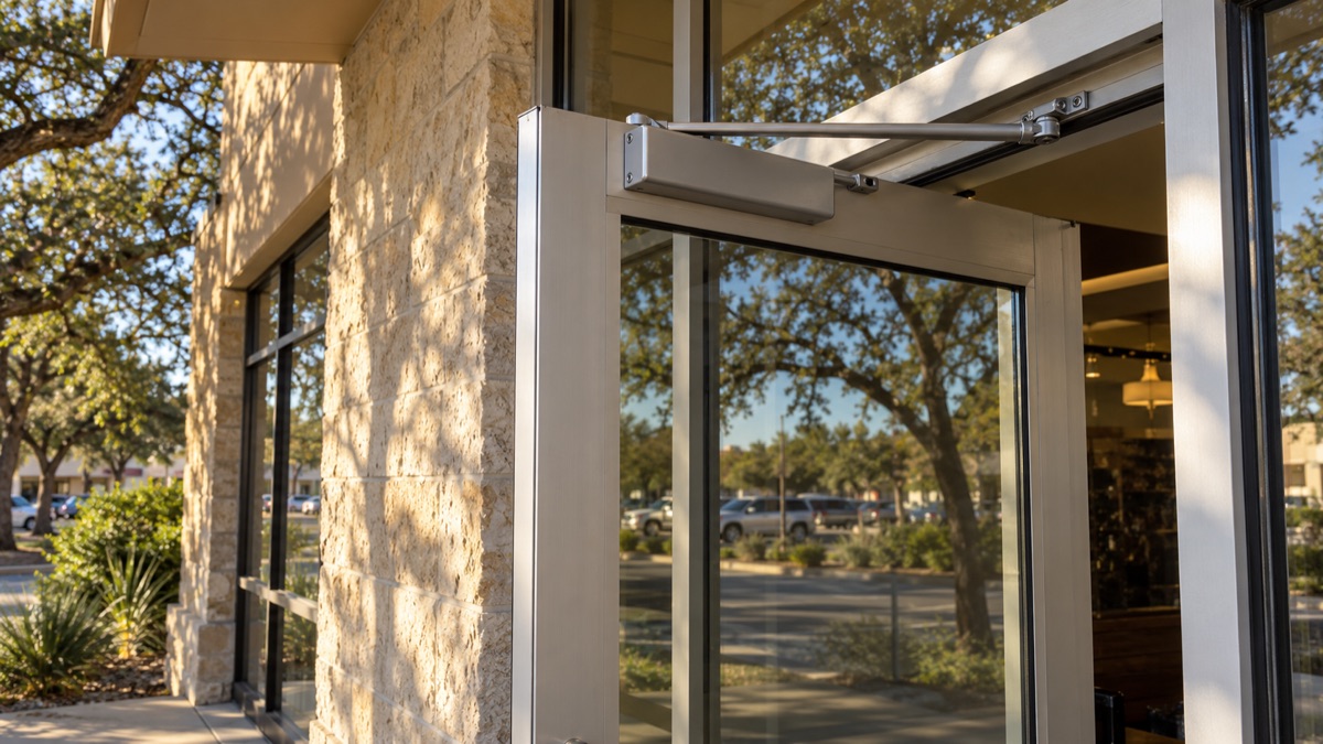 Open aluminum storefront door with a surface closer and arm at the top, limestone wall and live oaks, Austin strip center