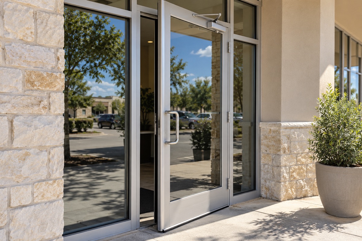 Aluminum glass storefront door standing a few inches ajar and not shut, with a closer at the top in bright Texas sun