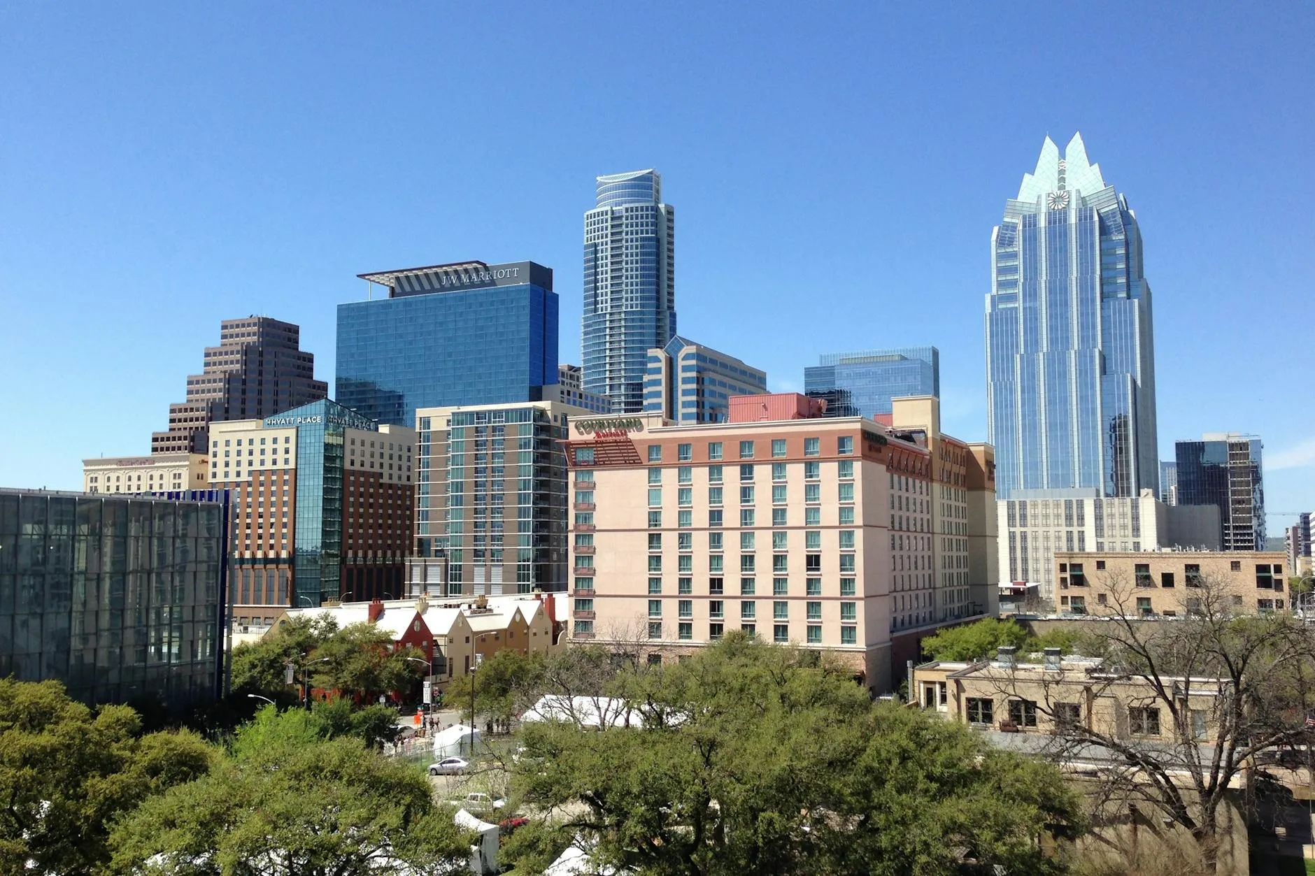 Downtown Austin Texas commercial business district skyline showing modern office buildings with advanced security systems - Austin commercial locksmith 2025